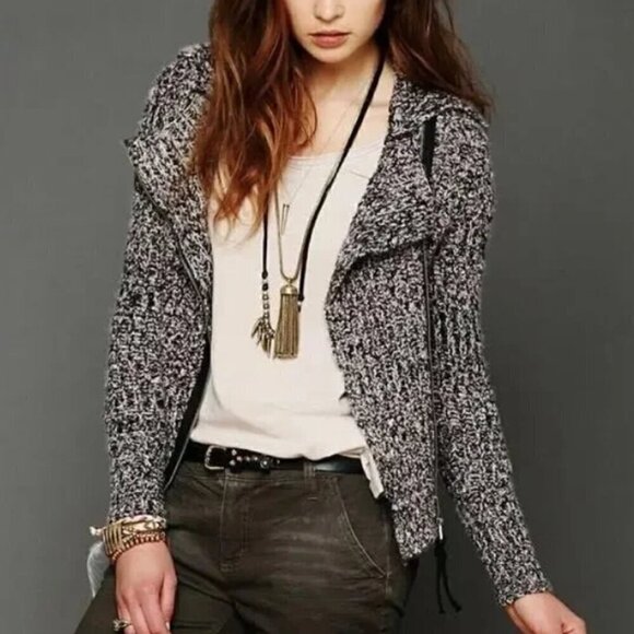Free People Salt & Pepper Zip Moto Jacket Sweater Size L - Picture 1 of 7